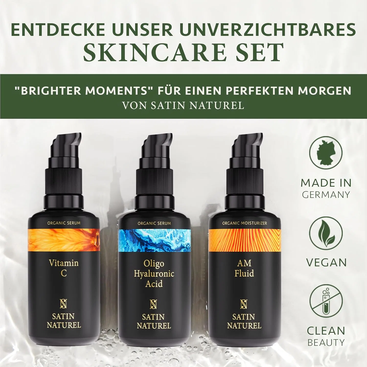 Подарочный набор Satin Naturel для женщин: 3 х 30 мл сывороток на органическом алоэ вера Satin Naturel, 3 X 30 Ml Wellness Set With Vitamin C Serum, Hyaluronic Serum And Beauty Fluid With Ceramides On Organic Aloe Vera — фото 2