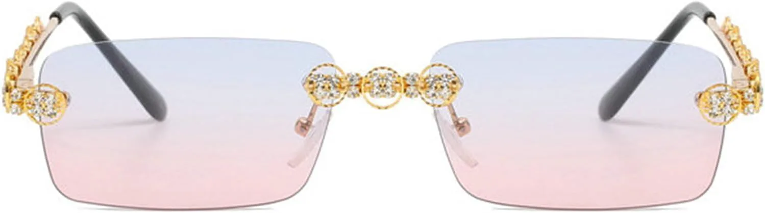 

Солнцезащитные очки Willochra без оправы со стразами, женские, с кристаллами, сверкающими бриллиантами, прямоугольной формы, блестящие, для вечеринок, Blue Pink