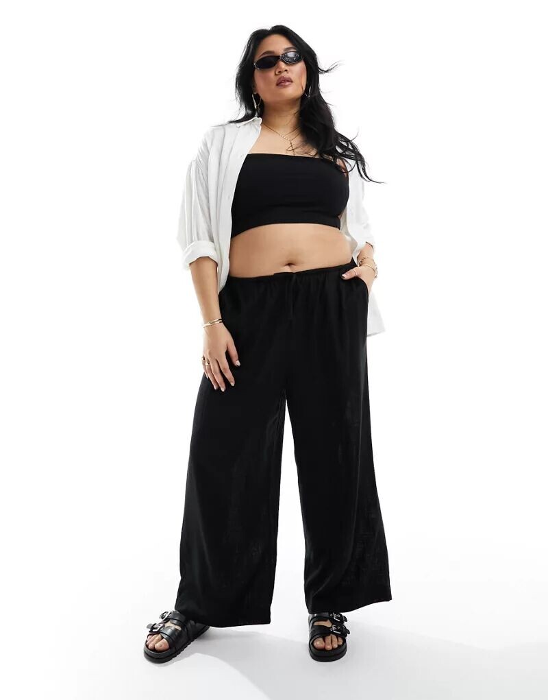 

Черные широкие брюки без застежек ASOS Curve с льняной отделкой, Черный, Черные широкие брюки без застежек ASOS Curve с льняной отделкой