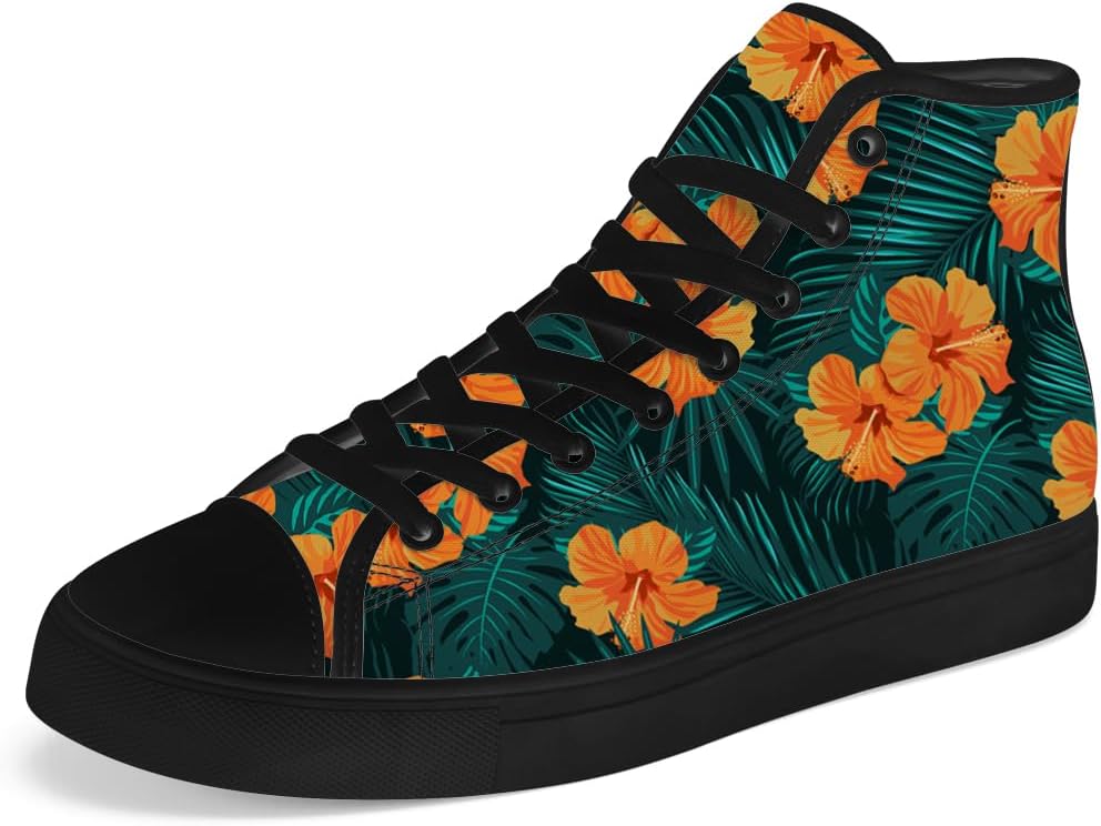 

Мужские и женские высокие кеды с принтом гибискуса, тропические высокие кроссовки на шнуровке, повседневная обувь Chebing, синий/оранжевый