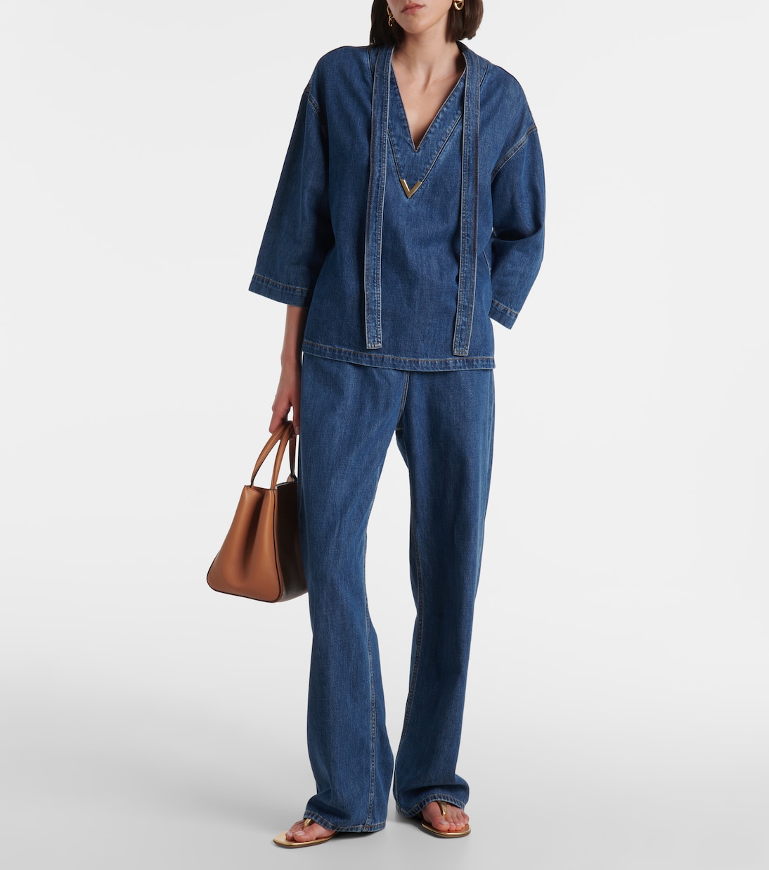 Джинсы с высокой посадкой и широкими штанинами Valentino, Medium Blue Denim — фото 2