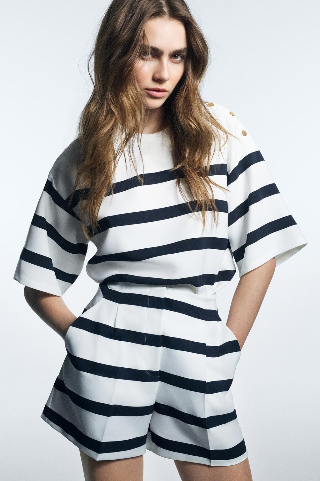 

Полосатый топ с коротким рукавом ZARA, цвет White/Navy