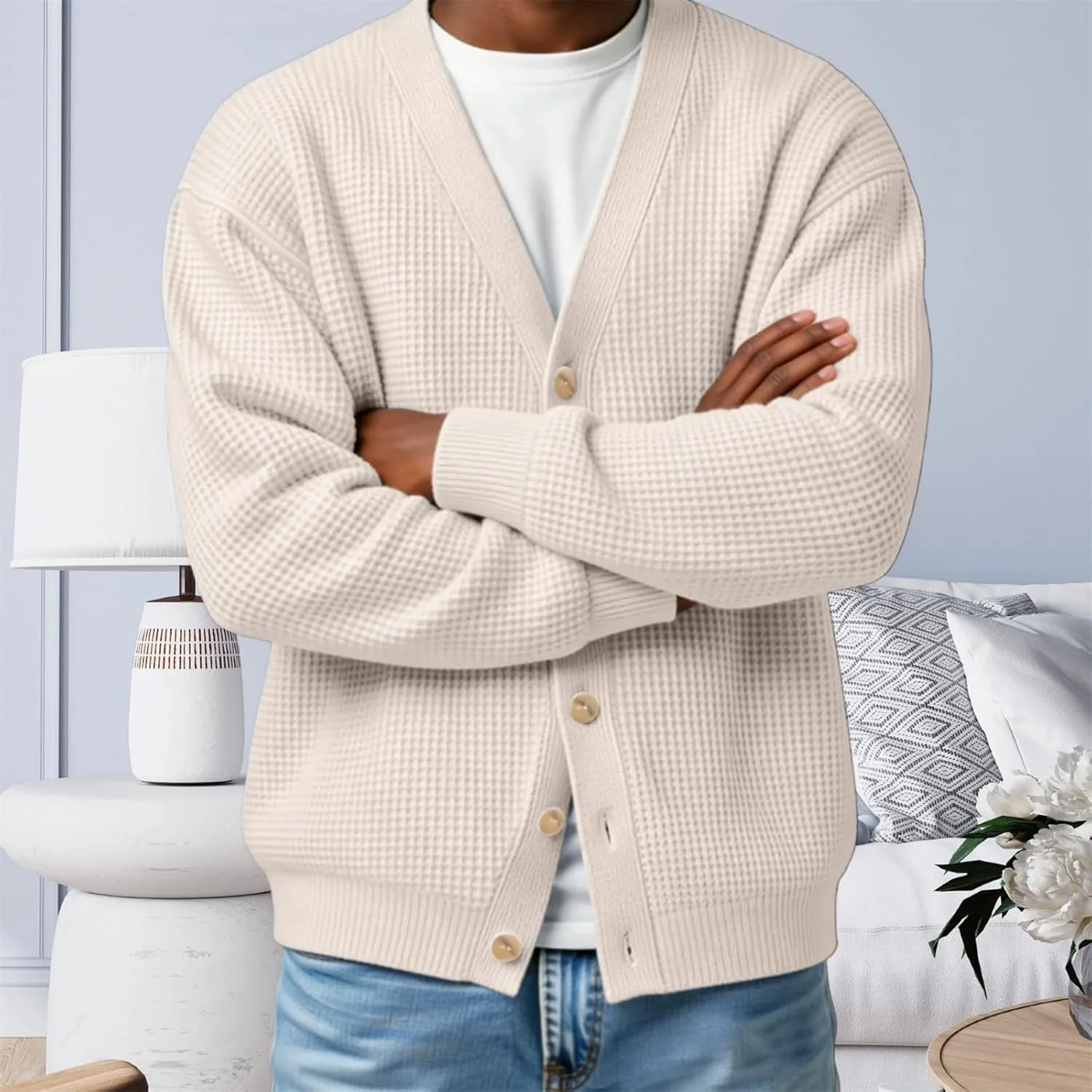 Mens Cardigan Sweater Textured Waffle Knit Long Sleeve Cardigan Lightweight Casual V Neck Button Down Cardigans — фото 2