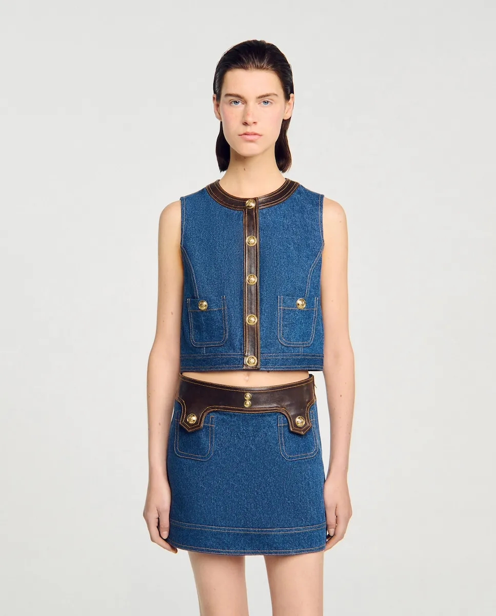 

Женский топ из денима и кожи Sandro, синий