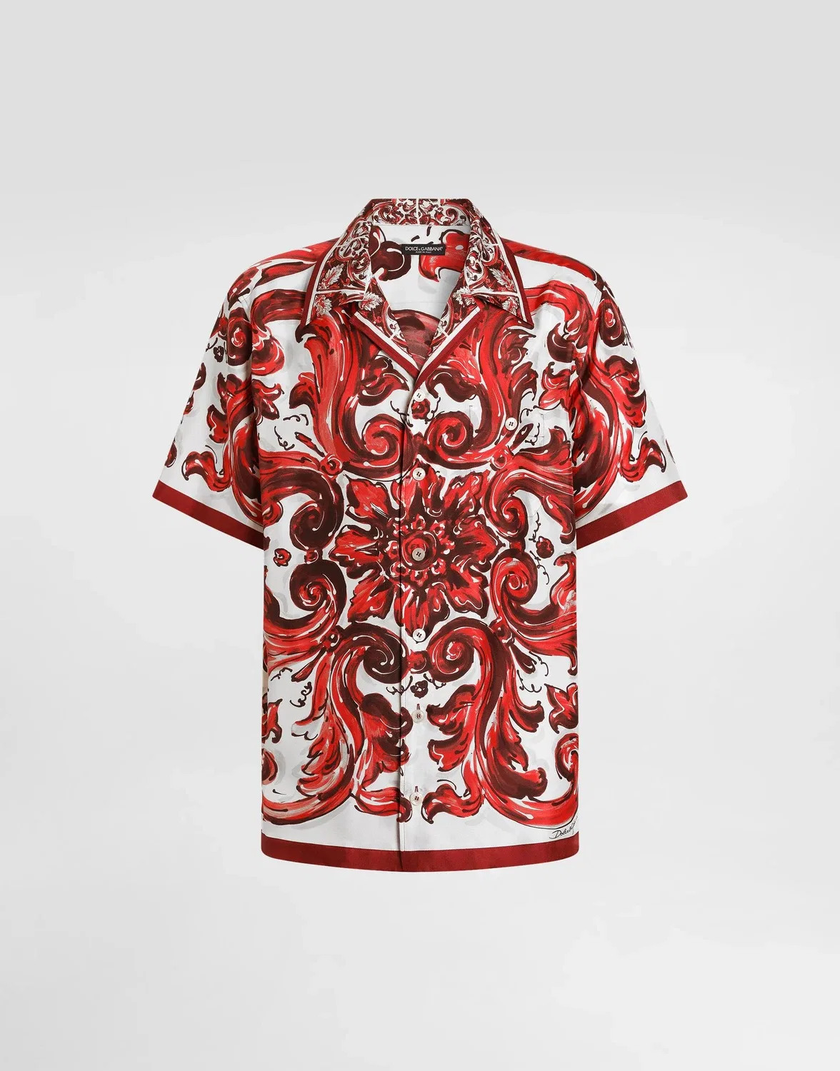 Рубашка-гавайка из шелкового твила с принтом «Майолика» DOLCE & GABBANA, бежевый