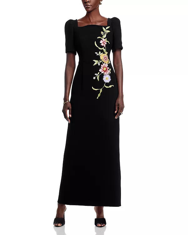 

Платье из крепа с цветочной аппликацией Teri Jon By Rickie Freeman, черный