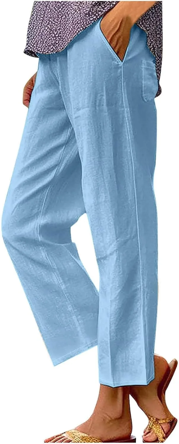 

Женские льняные брюки прямого кроя летние повседневные с эластичным поясом Zzalalana