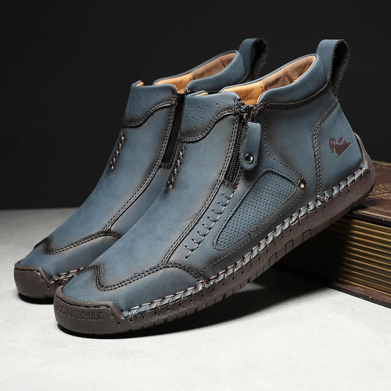Первая коллекция Young Shoes Мужские повседневные кожаные туфли с эластичной застежкой Ручная работа Ботинки Чакка на щиколотке С боковой молнией Стиль Mid Top Для прогулок Лоферы для улицы Дышащие Ортопедические Рабочие туфли LGHLMCL, синий — фото 3
