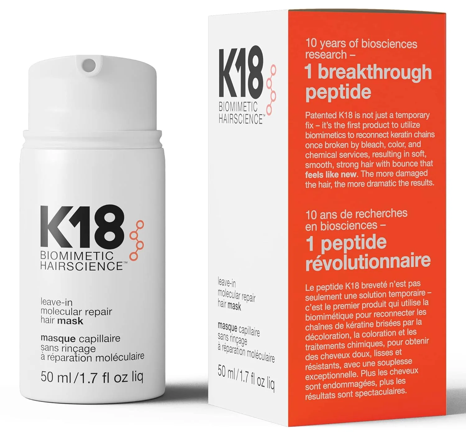 K18 Leave-In Molecular Repair Hair Mask, запатентованная маска для сухих, ломких и поврежденных волос, восстановление за 4 минут после окрашивания, химических процедур и термовоздействия 50 мл