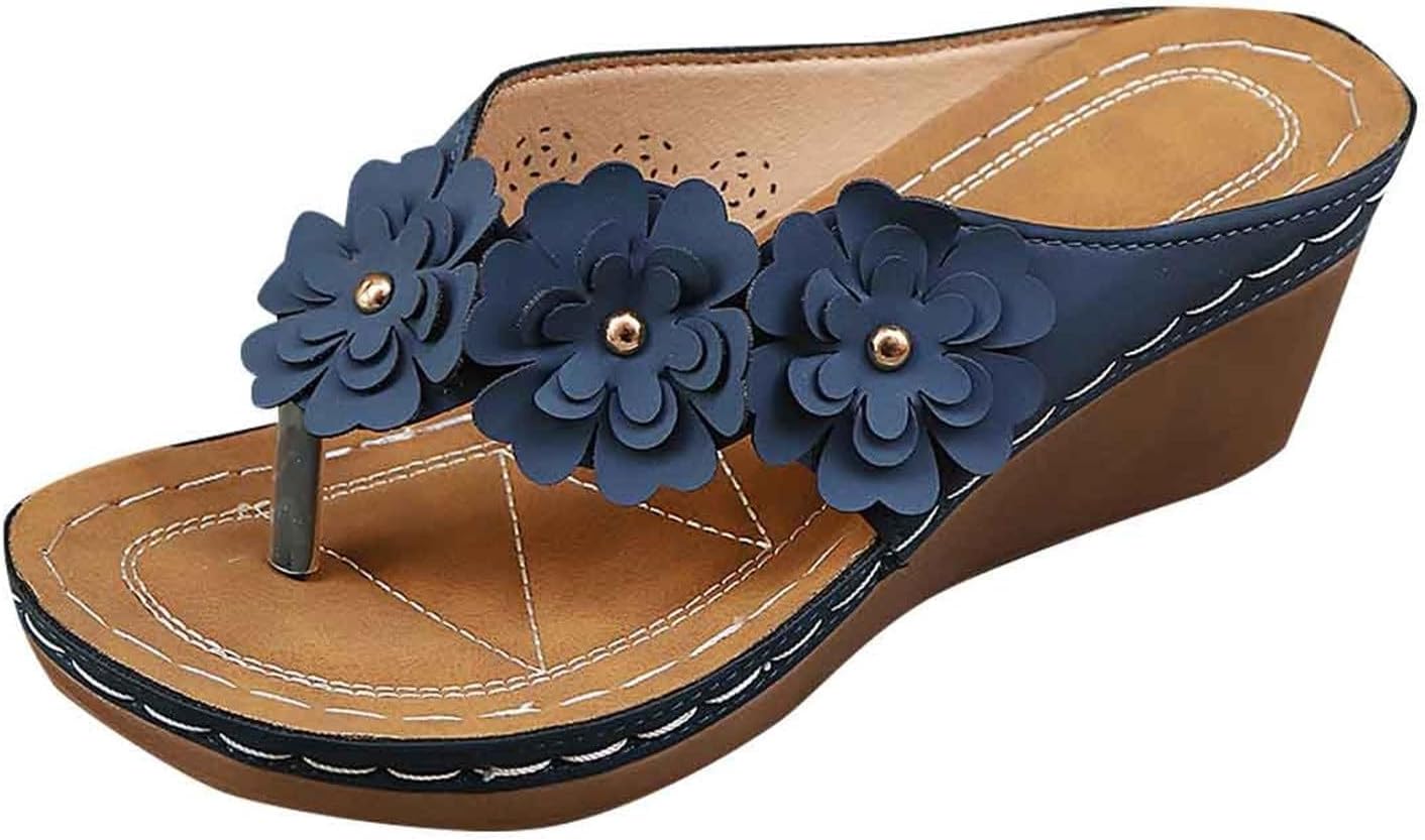 

Женские сандалии Комфортные платформенные сабо на танкетке Плоские шлепанцы с открытым носком Нарядные повседневные прогулочные туфли Стильные сандалии с цветочным узором для пляжа и отпуска с поддержкой свода стопы Generic, синий