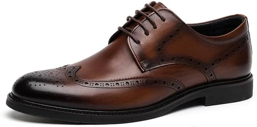 BWBVHRHZY Туфли Frühling atmungsaktive lässige Lederschuhe Herren Top Geschnitzte Business Low-Top britische Hochzeitsschuhe(Brown,38 EU)