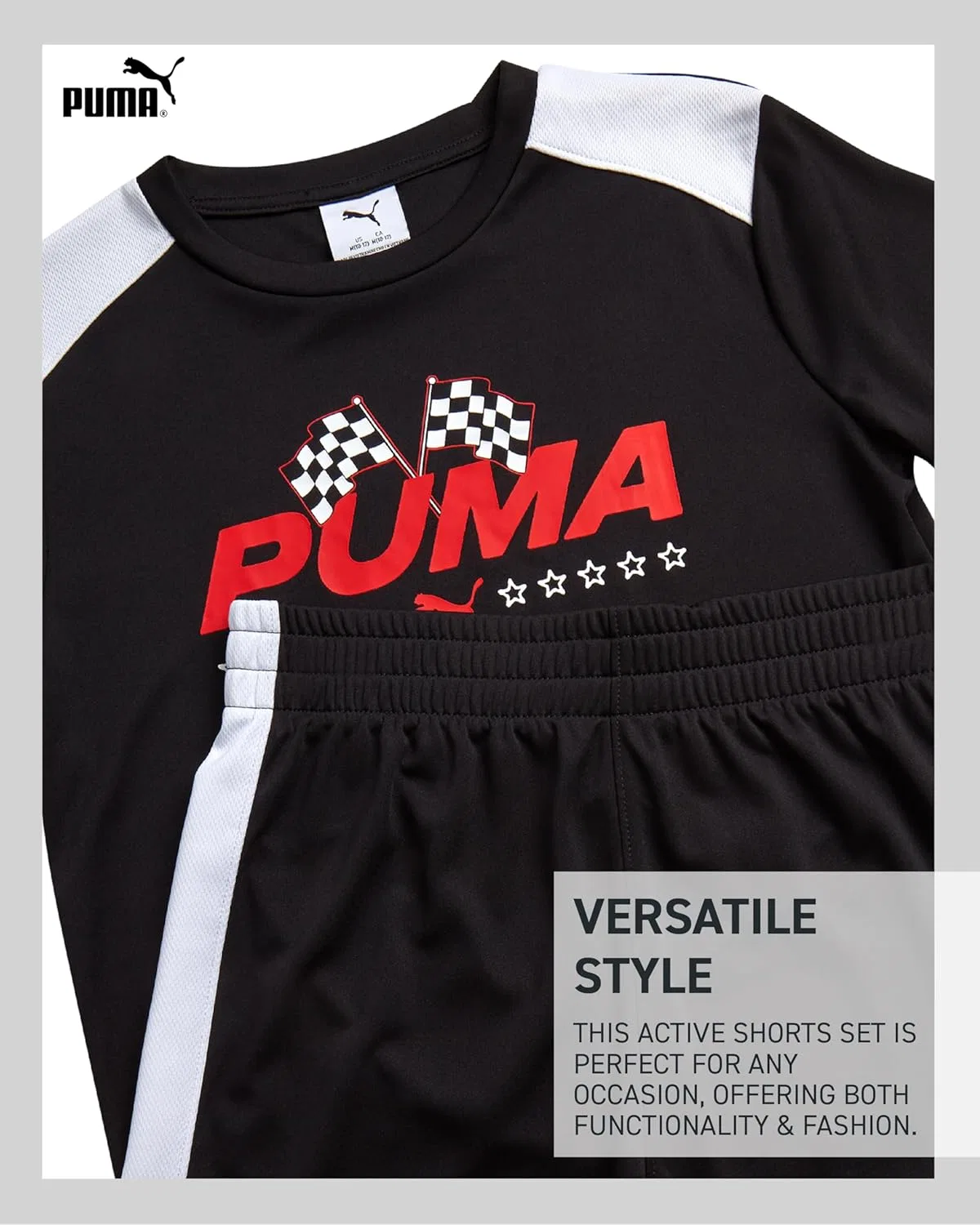 Спортивный набор для мальчиков PUMA, футболка и шорты, Black White/Black, 4-16 — фото 4