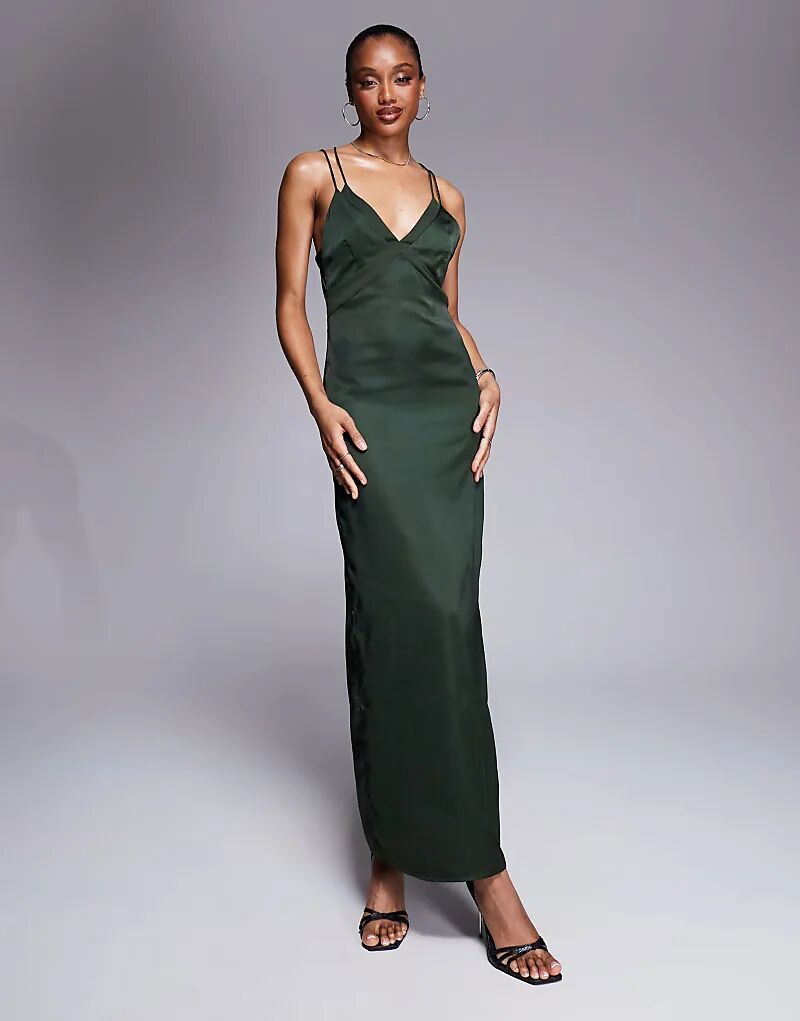 

ASOS DESIGN Длинное атласное платье миди цвета пихты с шифоновой вставкой на груди и перекрестной спинкой