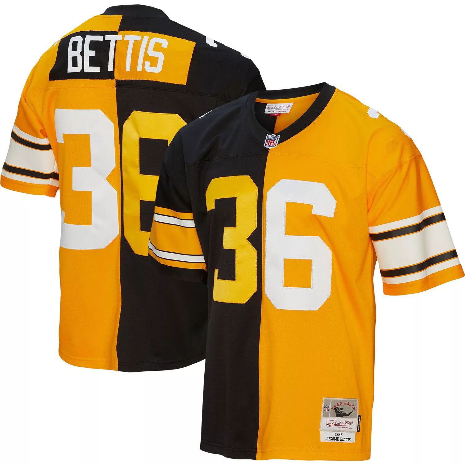 

Мужская футболка Mitchell & Ness Jerome Bettis черная/золотая Pittsburgh Steelers 1996 Split Legacy Replica Jersey, Черный, Мужская футболка Mitchell & Ness Jerome Bettis черная/золотая Pittsburgh Steelers 1996 Split Legacy Replica Jersey