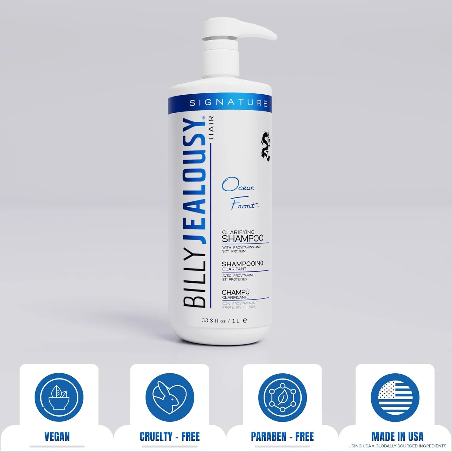 Billy Jealousy Ocean Front Clarifying Shampoo для удаления налета, излишков жира, грязи, средств и жесткой воды, освежающий шампунь для жирных волос у мужчин, детокс для кожи головы, очищает волосяные фолликулы, без парабенов, 1 л 1 литр — фото 3