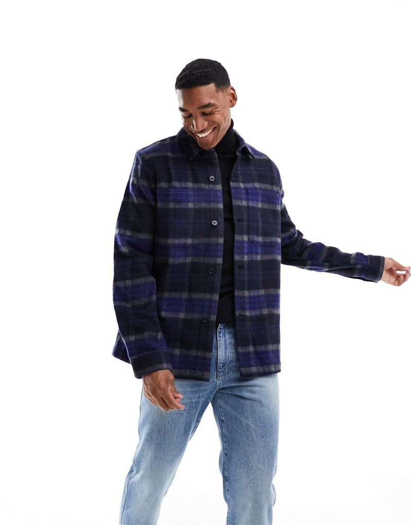 

Темно-синяя шерстяная куртка в клетку ASOS DESIGN