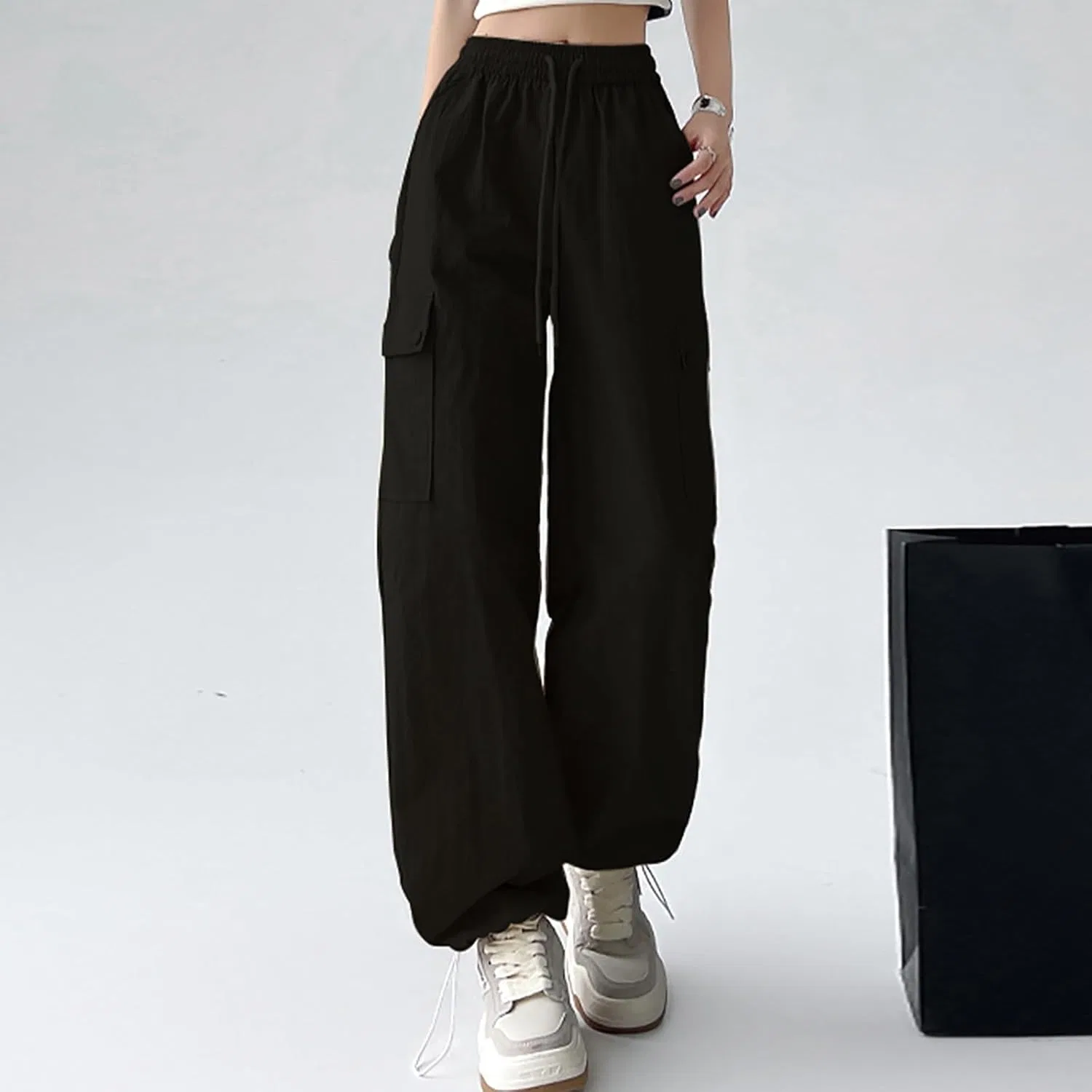 Akklian Fashion Парашютные брюки Женские широкие брюки свободного кроя Y2K Джоггеры с высокой талией Спортивные штаны Хип-хоп Уличная одежда, a02_черный — фото 4