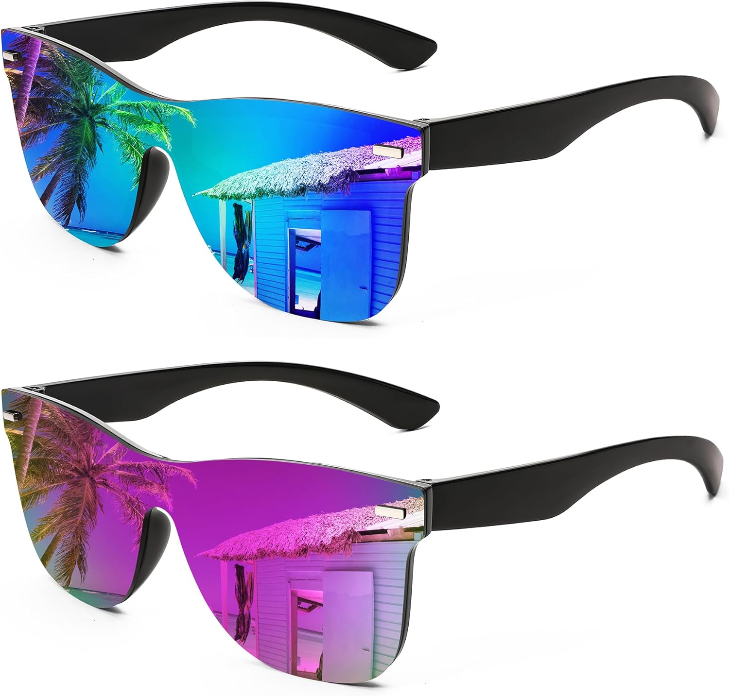 

FEISEDY Модные солнцезащитные очки без оправы с зеркальными линзами, цельные линзы, светоотражающие линзы, артикул B4114, (2 Pack)blue Green Mirror & Dark Purple Mirror