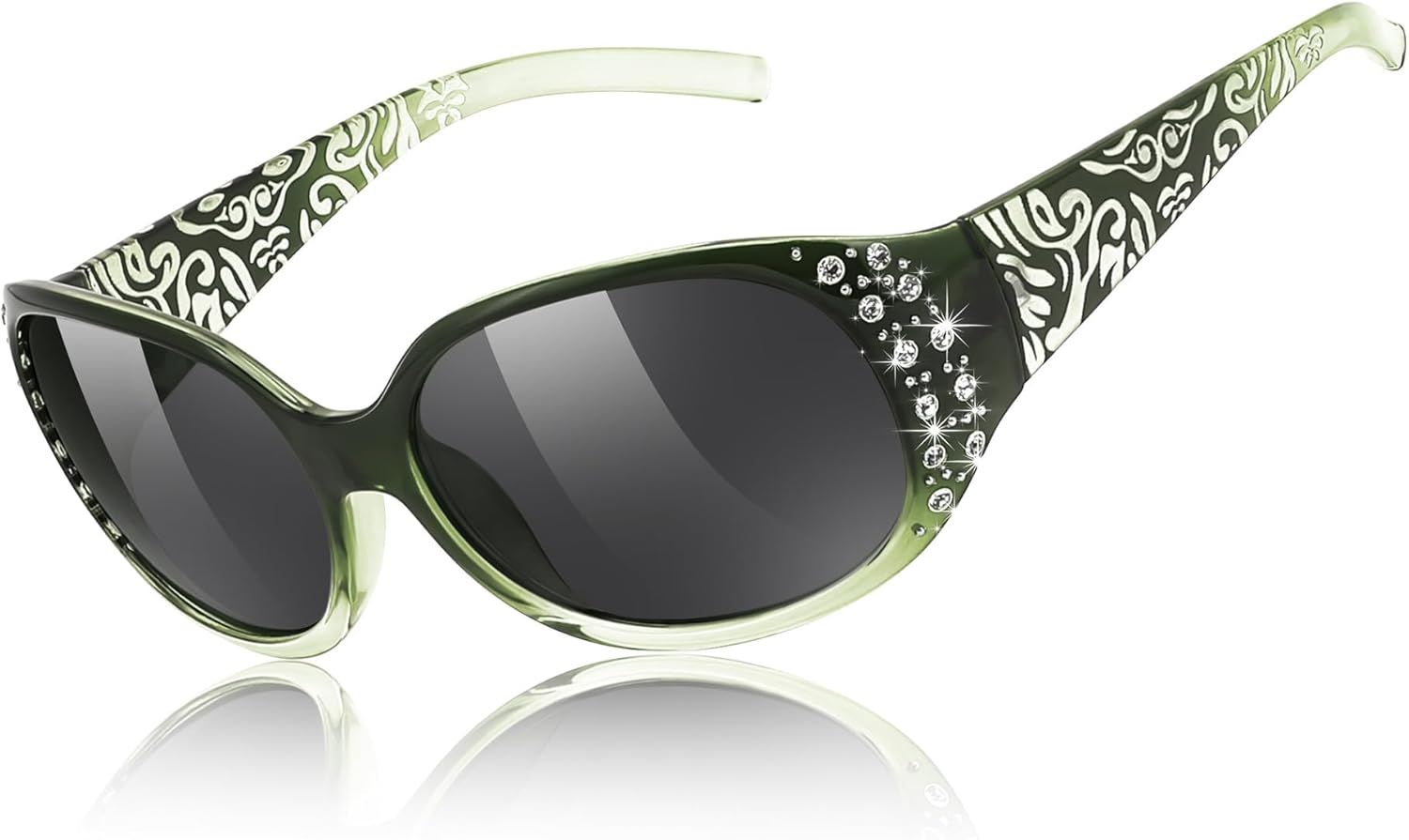 

Женские поляризованные солнцезащитные очки FEISEDY с обтекаемой формой, украшенные стразами, модные солнцезащитные очки с защитой UV400, артикул B1091, Green Frame & Grey Lens