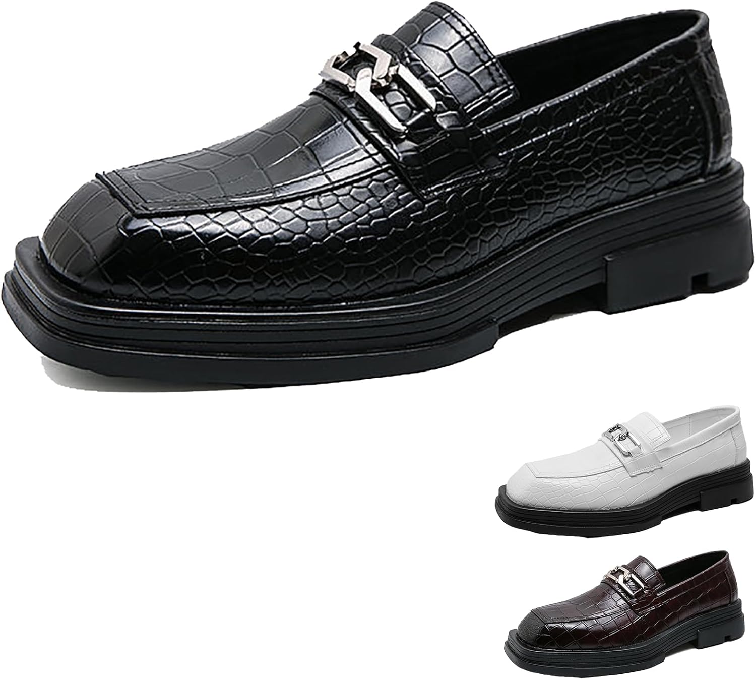 

Мужские кожаные лоферы TZNBGGE с крокодиловым тиснением, квадратным носком и цепочкой, ретро стиль, удобная подошва-платформа, противоскользящие, без шнурков, деловая и повседневная обувь для работы, вечеринок, прогулок и вождения, черный