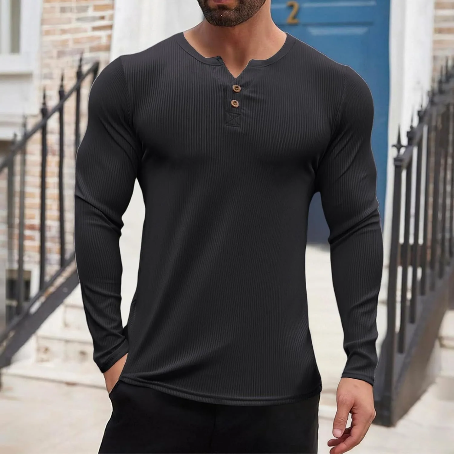 Мужская футболка Henley с длинным рукавом Slim Fit — фото 2