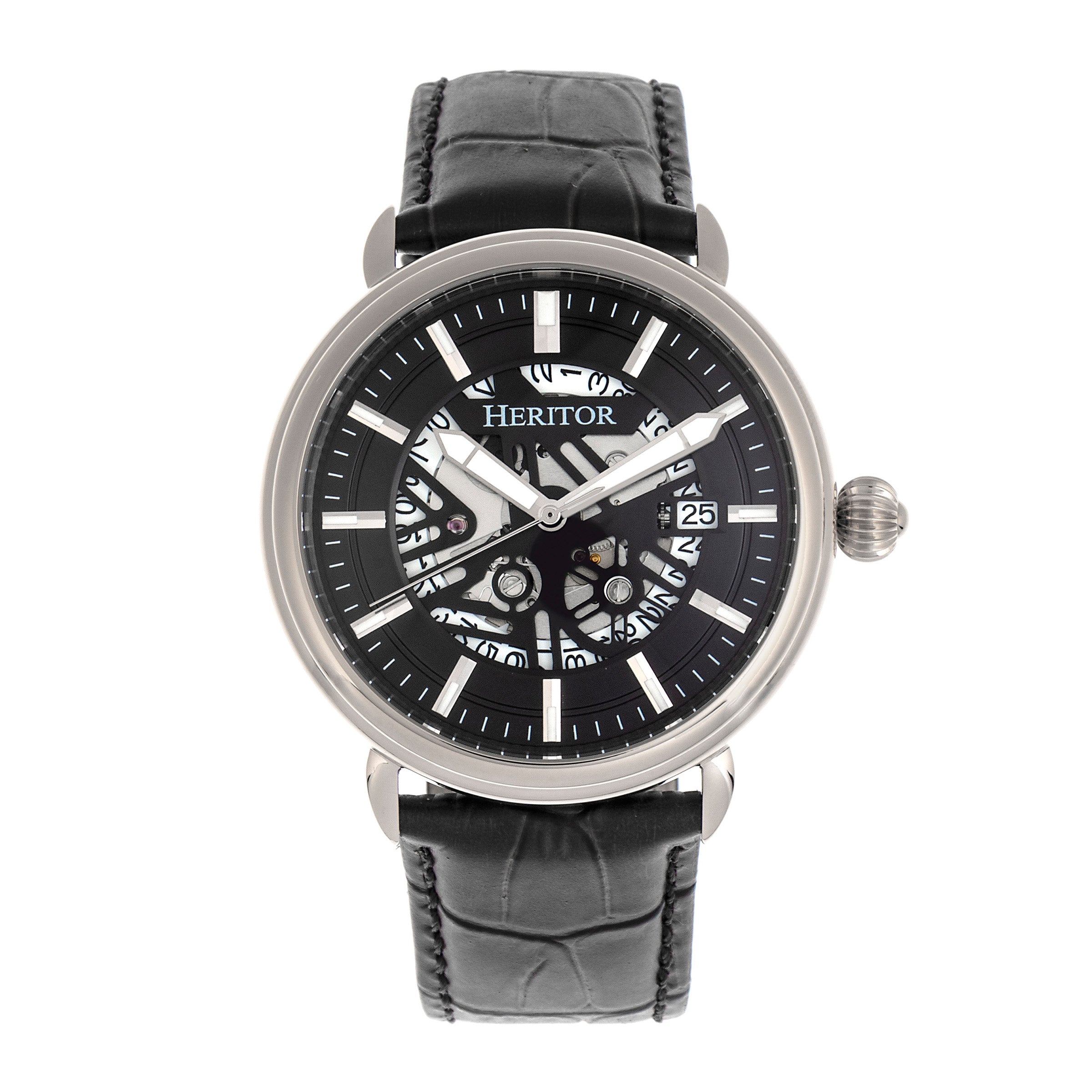 

Часы Mattias с кожаным ремешком и датой Heritor Automatic, серебряный