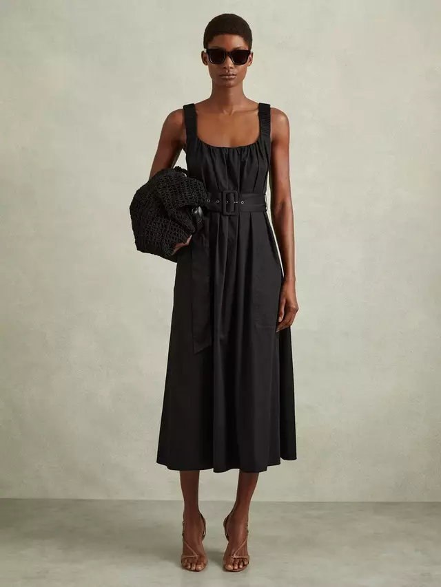 

Платье Reiss Liza Ruched Strap Cotton Midi, черный