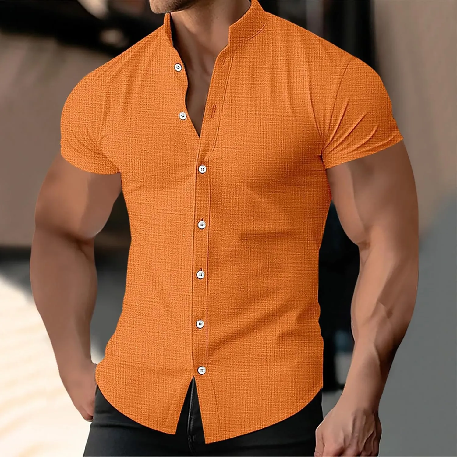 Мужская облегающая рубашка с лацканом Slim Fit Stretch, короткий рукав — фото 2