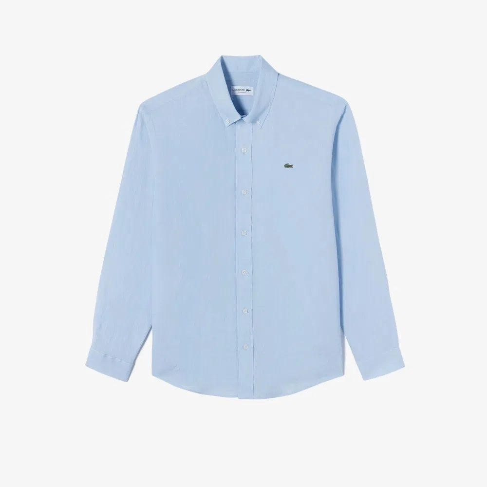 Мужская однотонная льняная рубашка небесно-голубого цвета от Lacoste