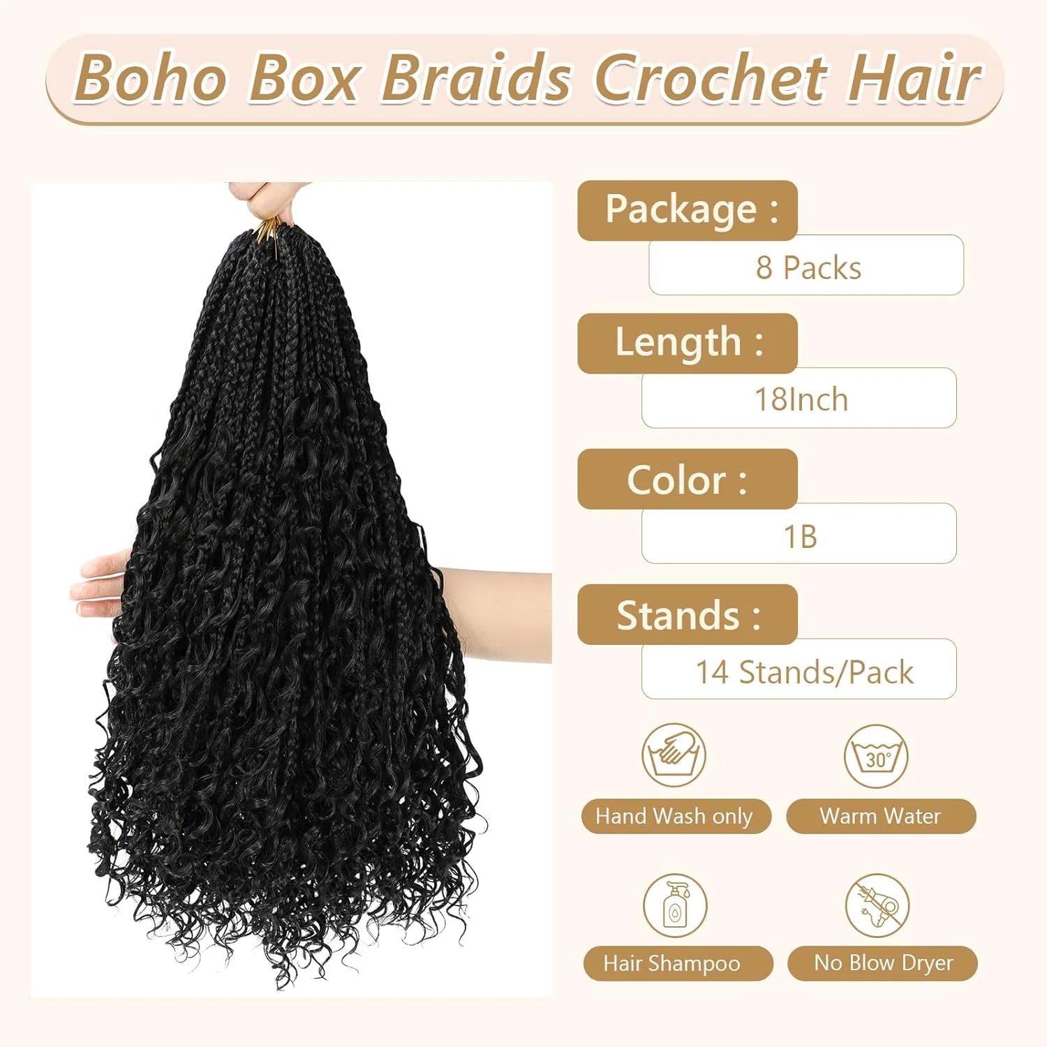 Набор из 8 упаковок синтетических волос для плетения косичек 45.7 см Firstcyh Hair, 1B — фото 3