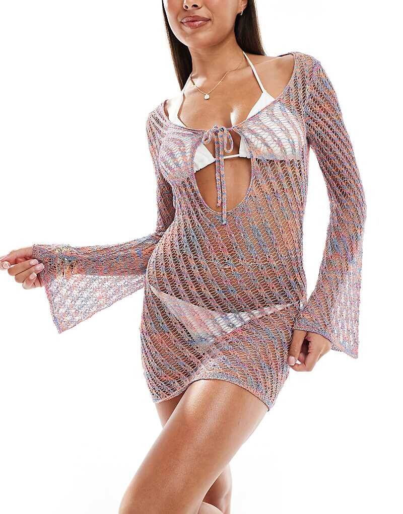 

ASOS DESIGN – Яркое вязаное пляжное платье миди с длинными рукавами и завязкой спереди