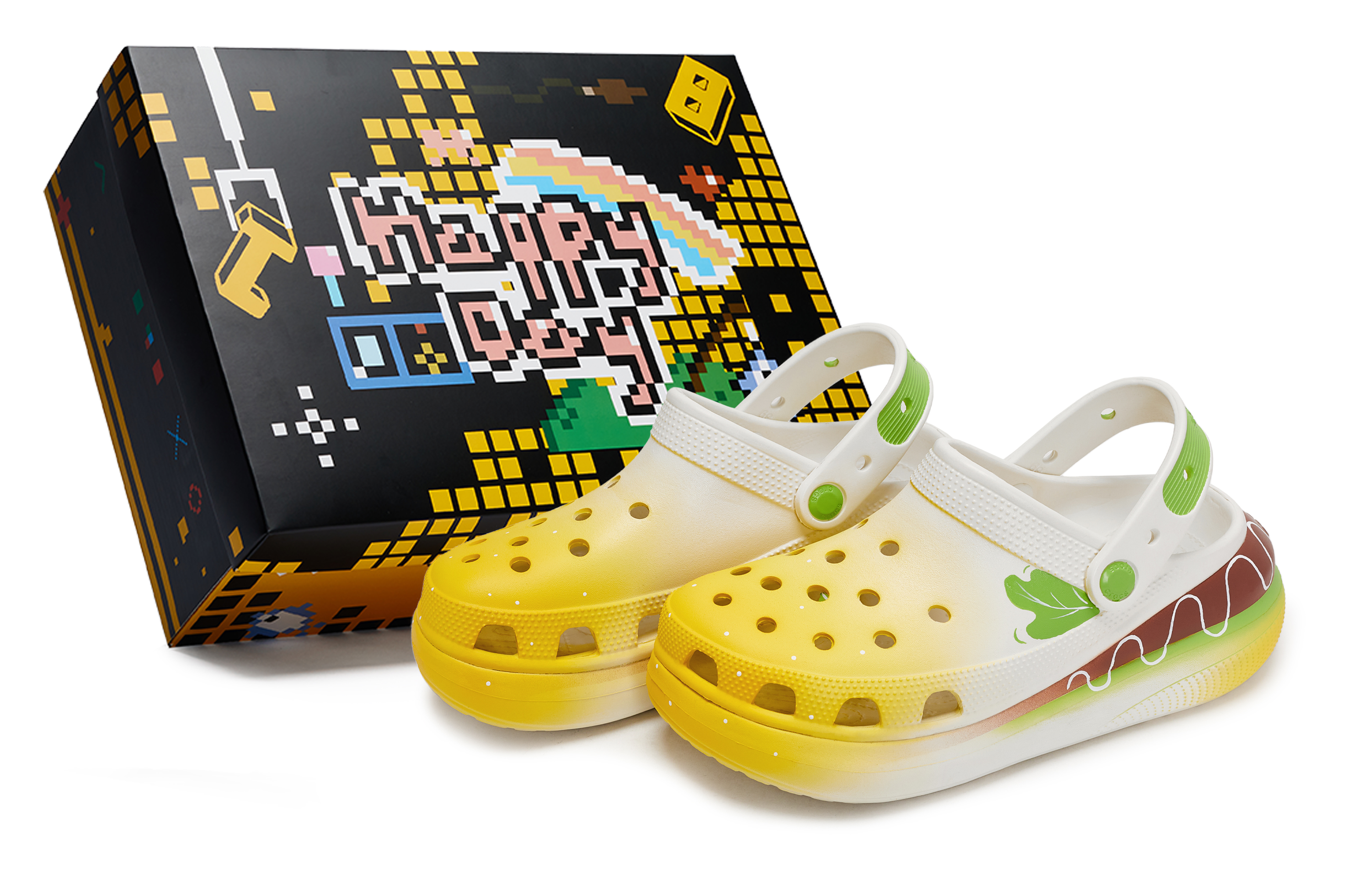 Crocs Crush Clog 811 Manufacturing, вкусный крабовый бургер, специальные сабо из коробки для обуви унисекс белого, коричневого, желтого и зеленого цвета