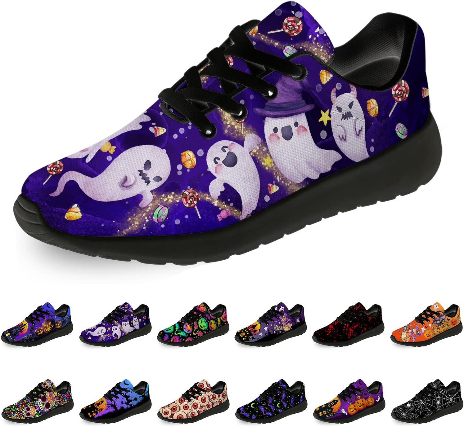 

Кроссовки на Хэллоуин для женщин и мужчин, беговые, для прогулок и тенниса, с изображением тыквы, призрака и летучей мыши, подарки для мальчиков и девочек Horethy, белый