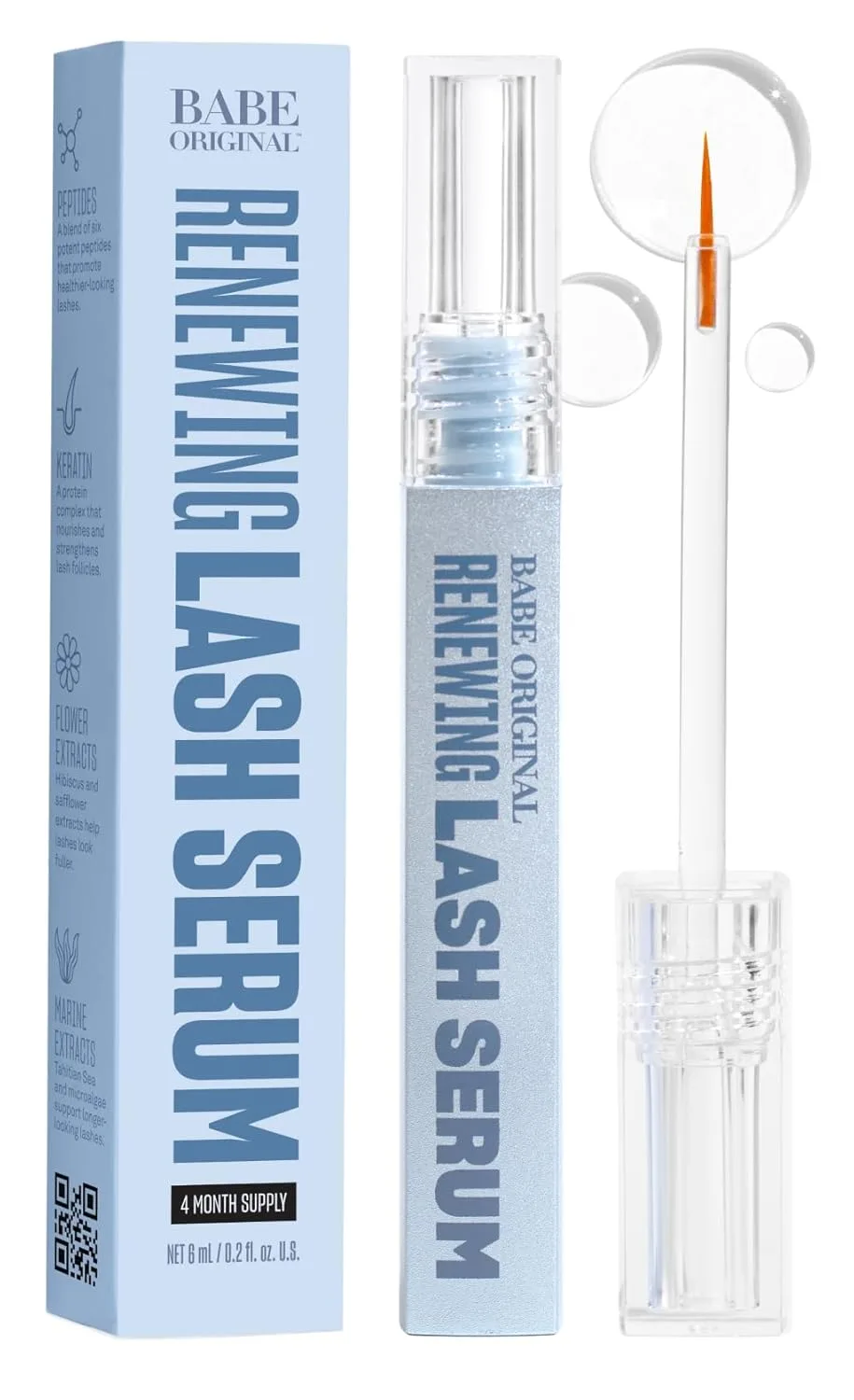 BABE ORIGINAL Renewing Lash Serum - сыворотка для ресниц без простагландинов с пептидами для более густых и длинных ресниц, обогащенная питательными растительными компонентами, веганская и cruelty-free на 4 месяца (6 мл), Clear