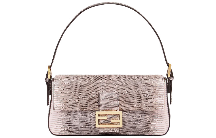 

FENDI Сумка-сумка-багет из кожи ящерицы Средняя женская переносная через плечо Розовая и серая