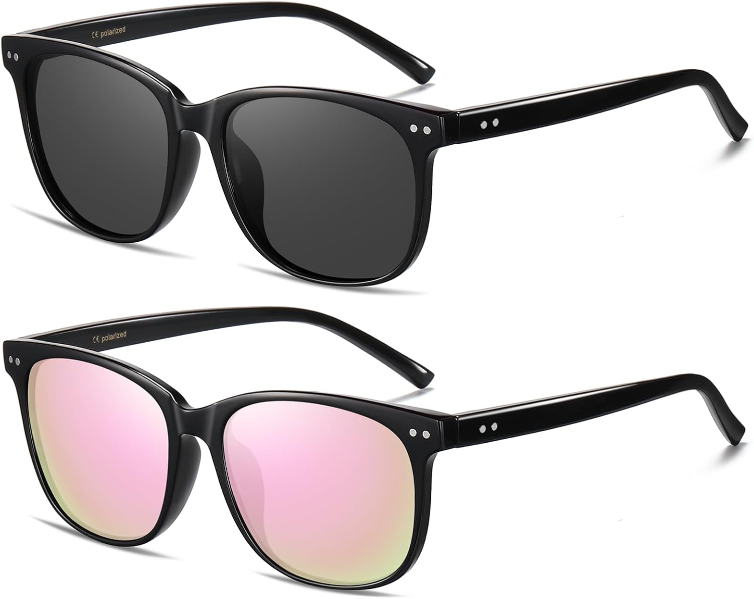 

Женские поляризованные солнцезащитные очки HAOLOTA, классические круглые солнцезащитные очки для вождения, рыбалки, легкие, с защитой от УФ-излучения UV400, A14 2pcs Black/Grey + Black/Pink