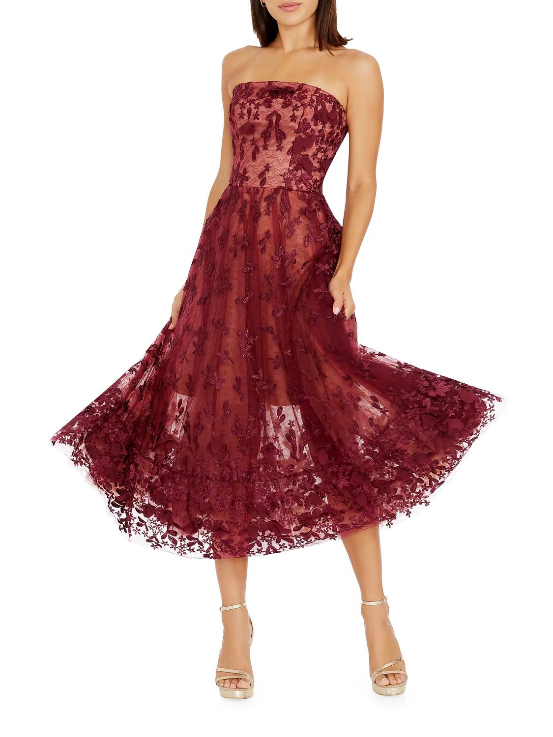 

Платье миди без бретелек Kailyn в цвете бордовый/телесный Dress The Population, бордовый/нюдовый