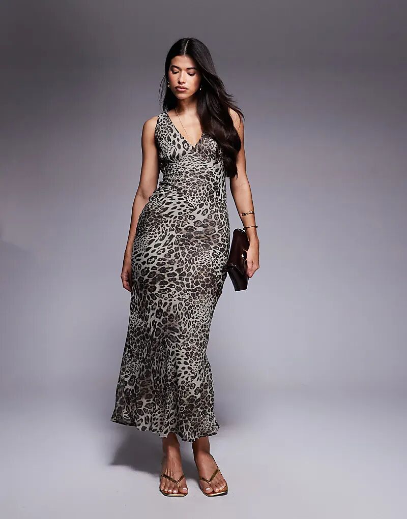 

Длинное платье-комбинация с глубоким V-образным вырезом и завязками от Princess Polly Nellie с леопардовым принтом