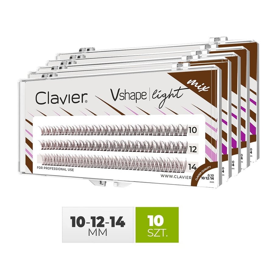 

Микс ресниц Vshape Light Brown 10/12/14 мм, изгиб C, 10D, упаковка 10 шт. Clavier