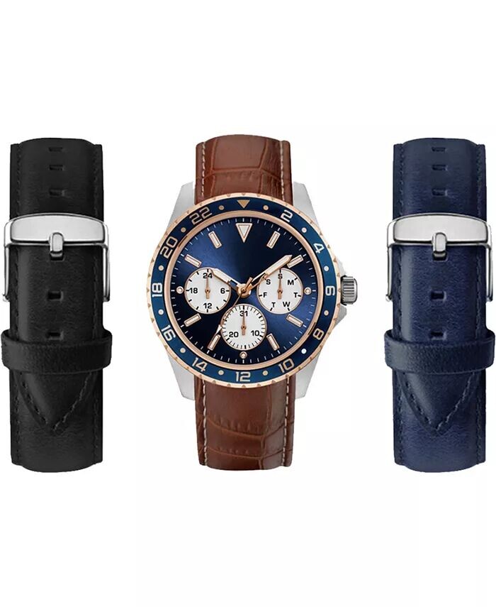 

Мужские аналоговые кварцевые часы с тремя стрелками, коричневый кожаный ремешок, 43 мм, подарочный набор American Exchange