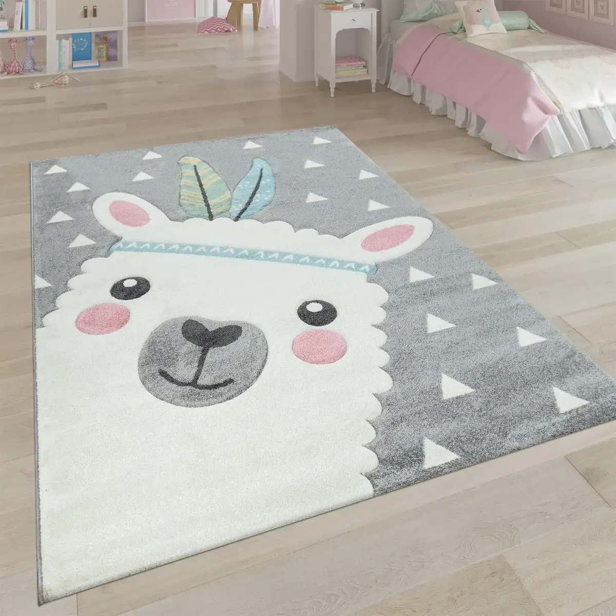 

Детский ковер Paco Home "Ela 214", прямоугольный, 3D дизайн, мотив ламы, пастельные тона, детская комната 160х230 см, серый