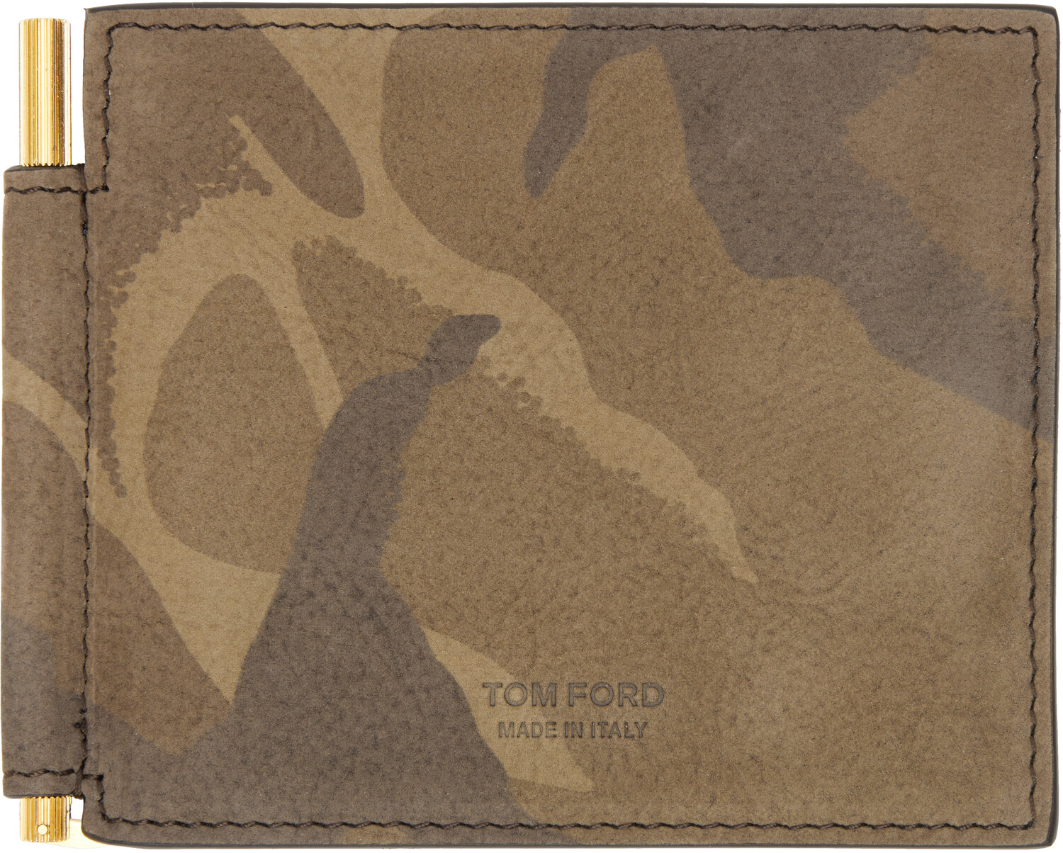 

Кошелек-зажим для денег из нубука цвета хаки-камо с Т-образной линией TOM FORD