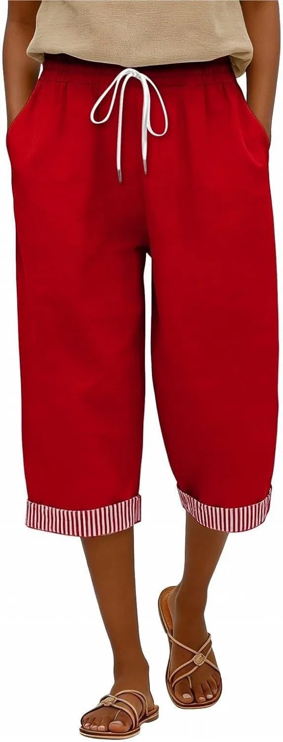Брюки капри из льна, красный