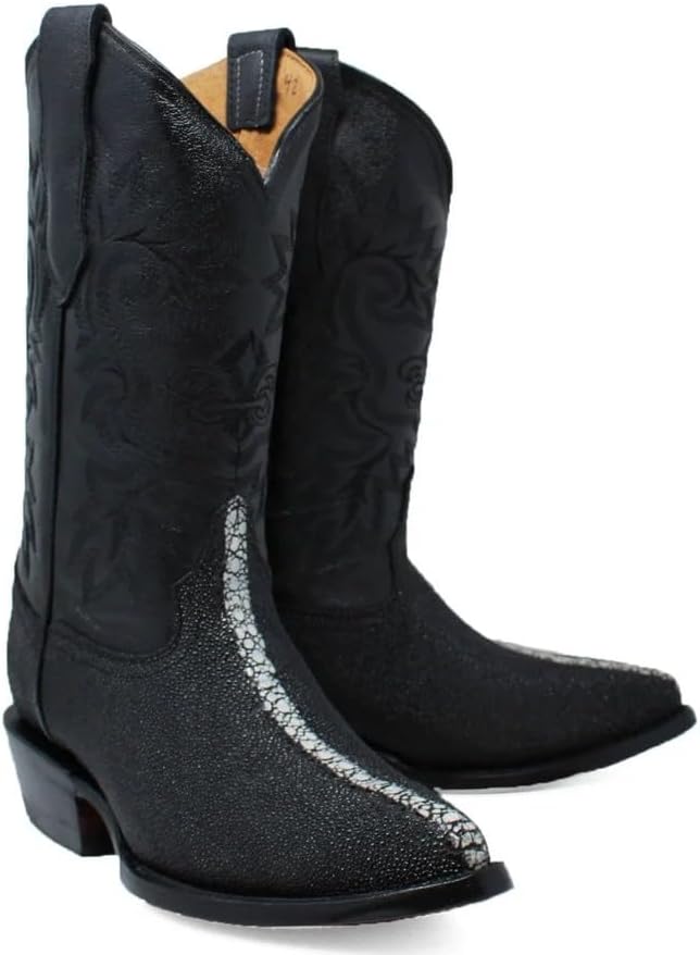 Мужские ковбойские сапоги Western J-Toe из натуральной кожи с экзотическим рисунком ската Rowstone - черные Generic — фото 2