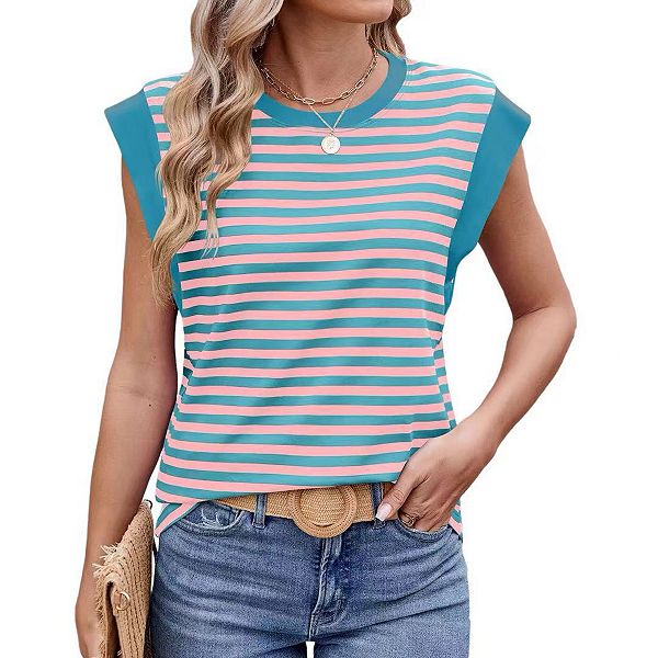 

Женская майка с круглым вырезом, коротким рукавом и полосками Clearflower, Green Pink Stripes