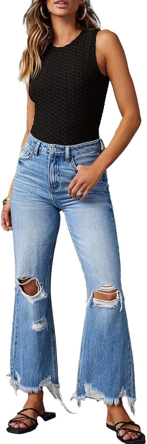 Женские рваные джинсы High-Rise Bell Bottom с Raw Edge Hem