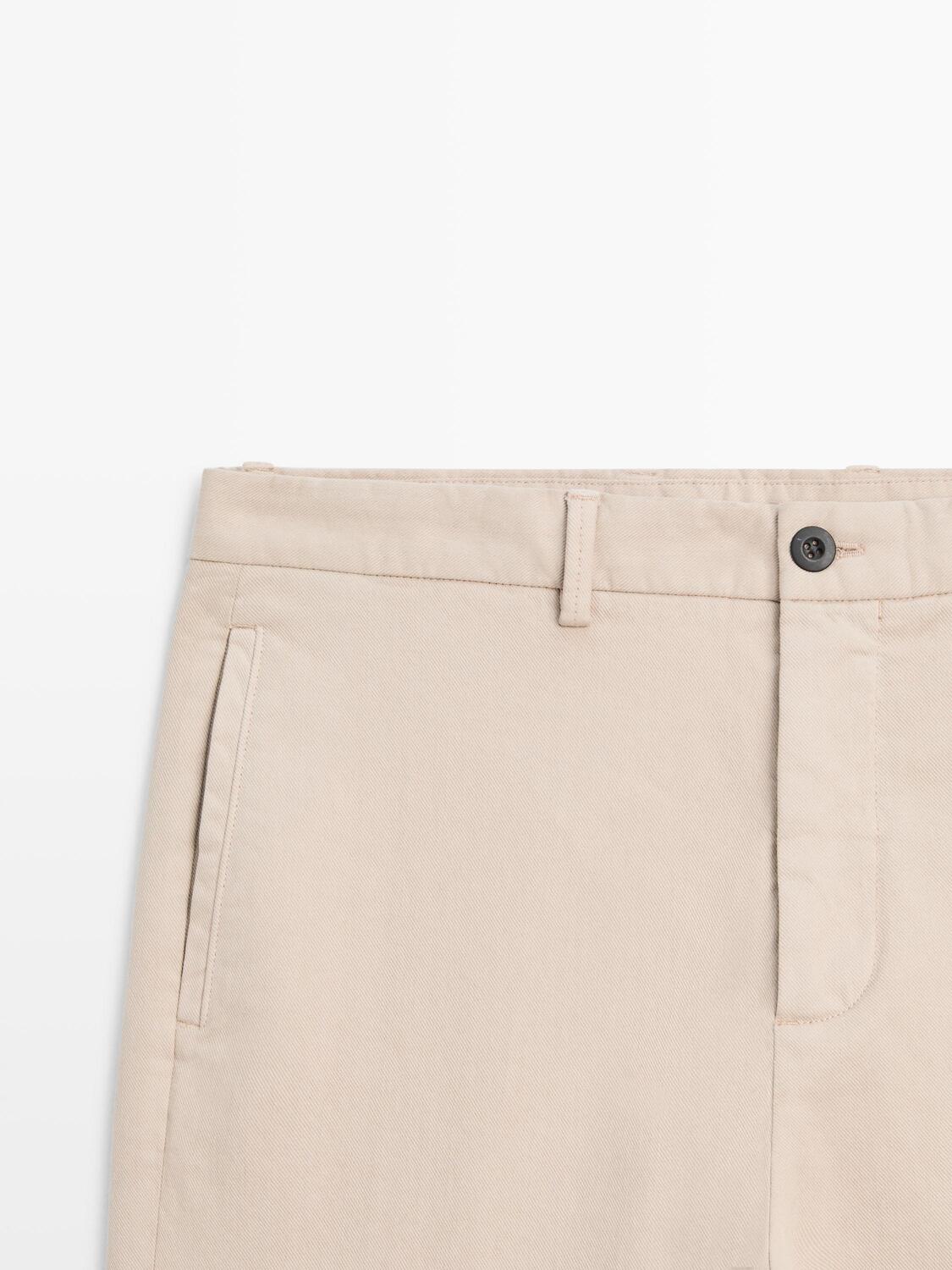 Брюки из хлопкового твила с эластичным поясом Massimo Dutti, beige — фото 4