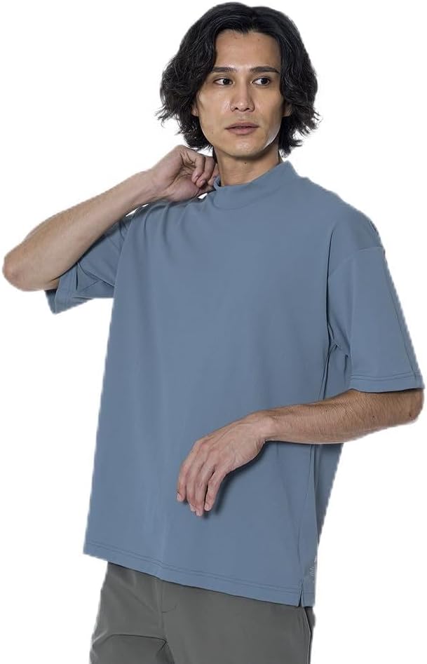 

Футболка MIZUNO с коротким рукавом и высоким воротником, предотвращающая появление пятен от пота, непрозрачная, теплозащитная, модель B2MAB136, мужская, бирюзово-синий