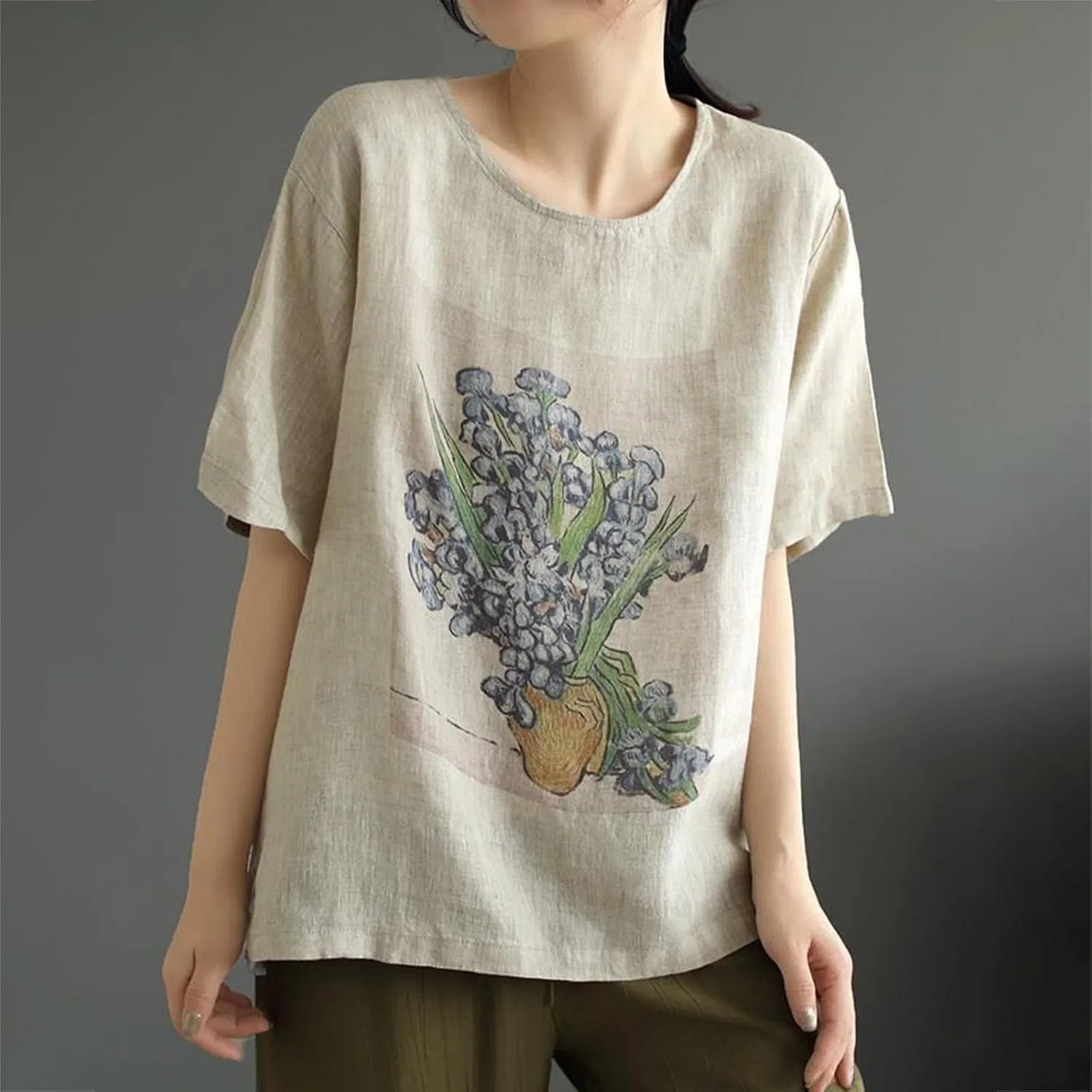 Футболка из хлопка и льна, женская, Oversize, светло-серый — фото 2