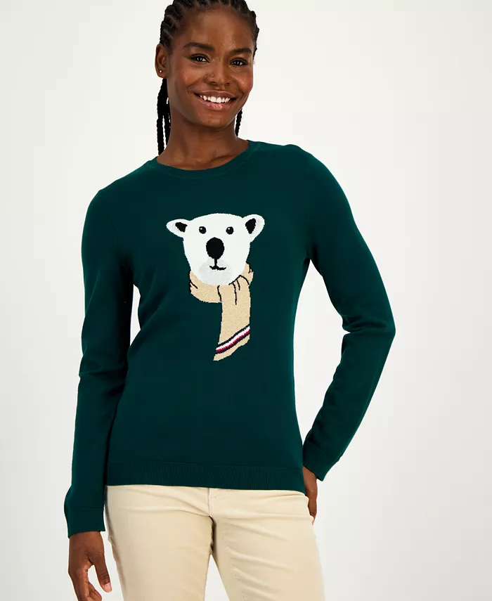 

Женский хлопковый свитер с медвежонком и круглым вырезом Tommy Hilfiger, зеленый